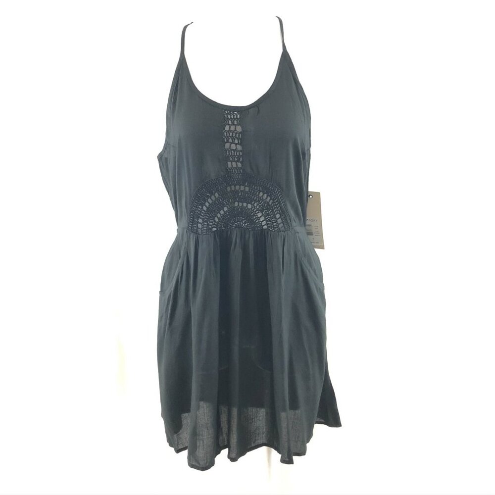 Roxy Dance to the Beat Dress Crochet Semi Sheer Halter Pockets Black Size S